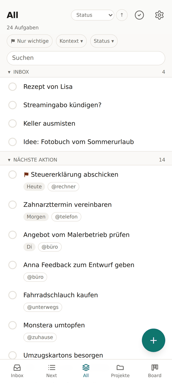 Ansicht All mit den Abschnitten Inbox und Nächste Aktion