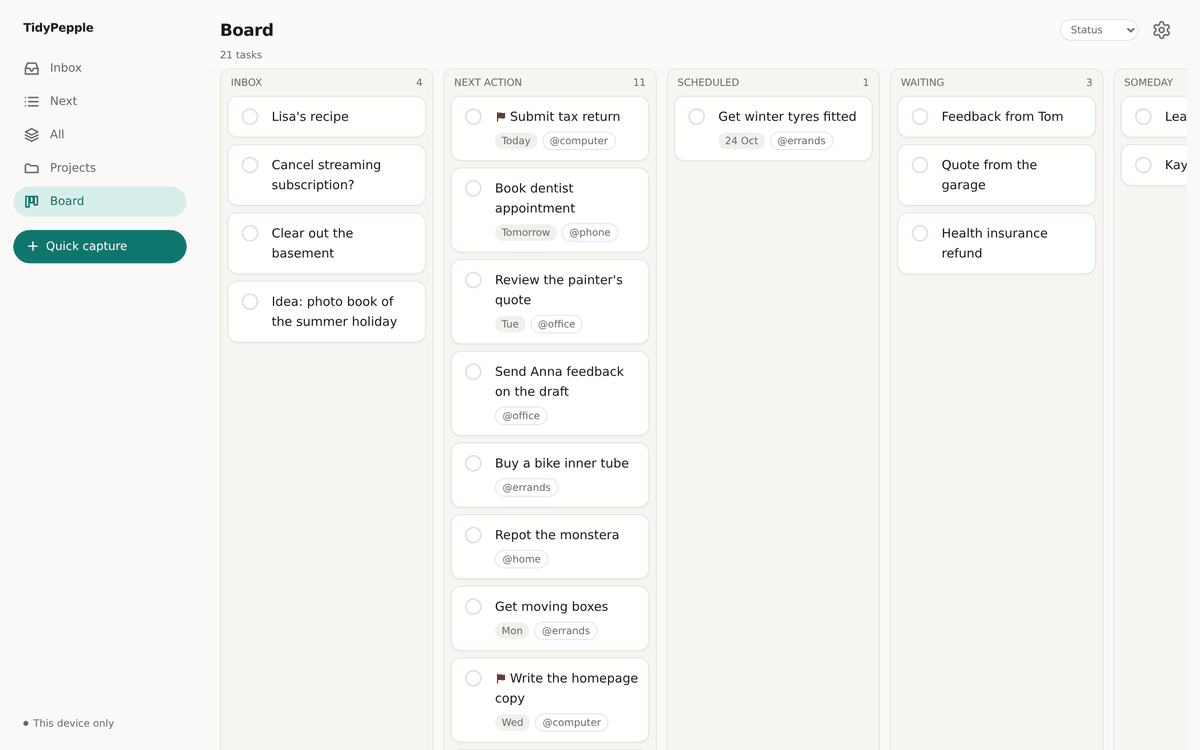 TidyPepple in a desktop browser: board with the columns Inbox, Next action, Scheduled, Waiting and Someday