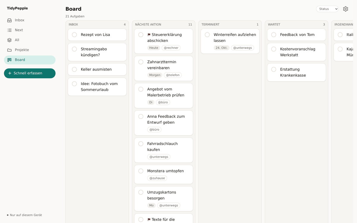TidyPepple im Desktop-Browser: Board mit Spalten Inbox, Nächste Aktion, Terminiert, Wartet und Irgendwann