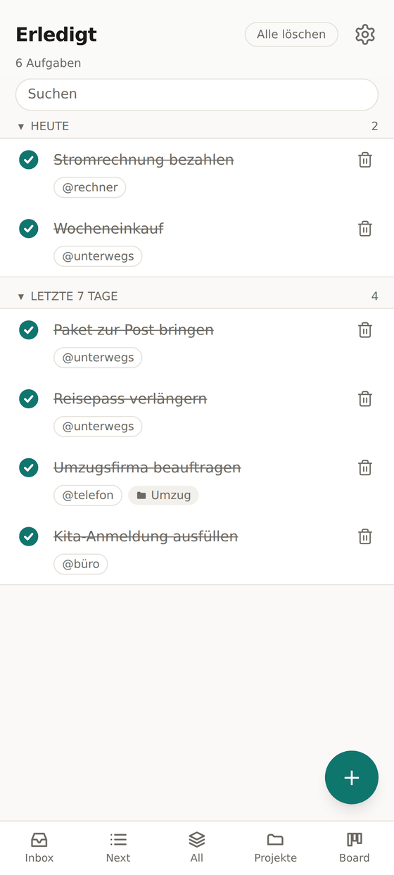 Ansicht Erledigt mit abgehakten Aufgaben von heute und den letzten sieben Tagen