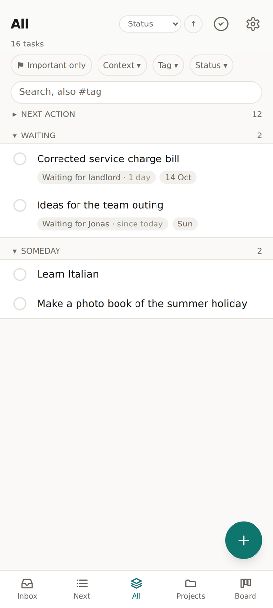 The All view sorted by status: next actions collapsed, below them Waiting with the landlord and Jonas, then Someday with Italian and the photo book