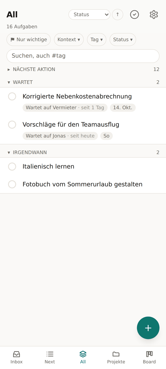 Die Ansicht All, sortiert nach Status: Nächste Aktionen eingeklappt, darunter Wartet mit Vermieter und Jonas, dann Irgendwann mit Italienisch und Fotobuch