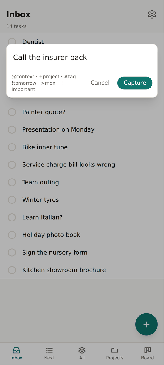 Quick capture with the input “Call the insurer back” over an inbox with 14 entries