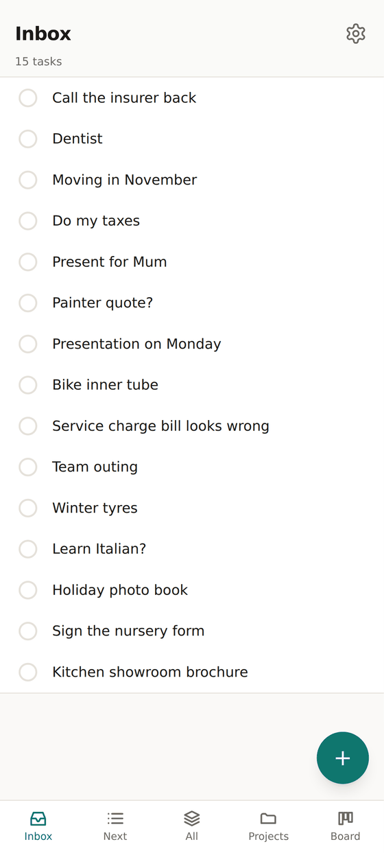 The inbox with 15 unclarified entries, from “Call the insurer back” to “Kitchen showroom brochure”