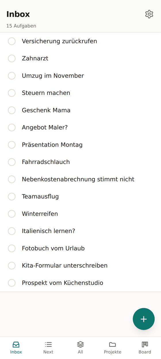 Die Inbox mit 15 ungeklärten Einträgen, von „Versicherung zurückrufen“ bis „Prospekt vom Küchenstudio“