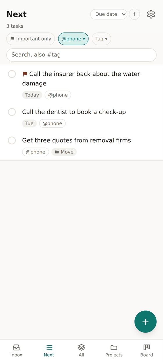 The Next list filtered to @phone with three tasks: call the insurer back, call the dentist and get quotes from removal firms