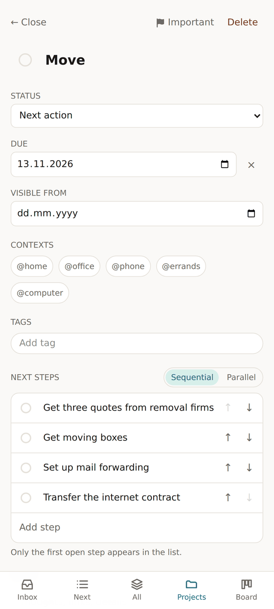 The project “Move” with four steps in a fixed order, mode Sequential