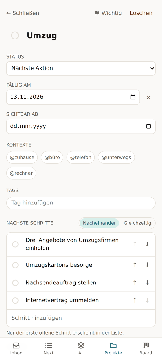 Das Projekt „Umzug“ mit vier Schritten in fester Reihenfolge, Modus Nacheinander