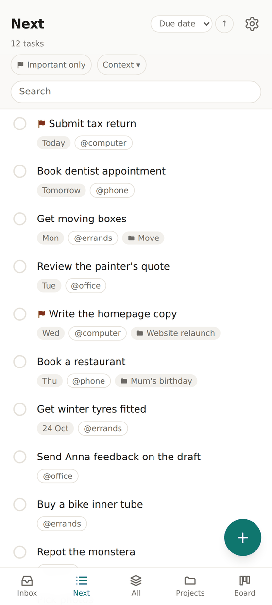 TidyPepple on a smartphone: the Next list with tasks, due dates, contexts such as @office and @phone, and project chips