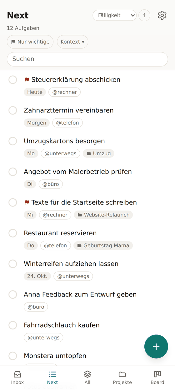 TidyPepple auf dem Smartphone: die Next-Liste mit Aufgaben, Fälligkeiten, Kontexten wie @büro und @telefon und Projekt-Chips