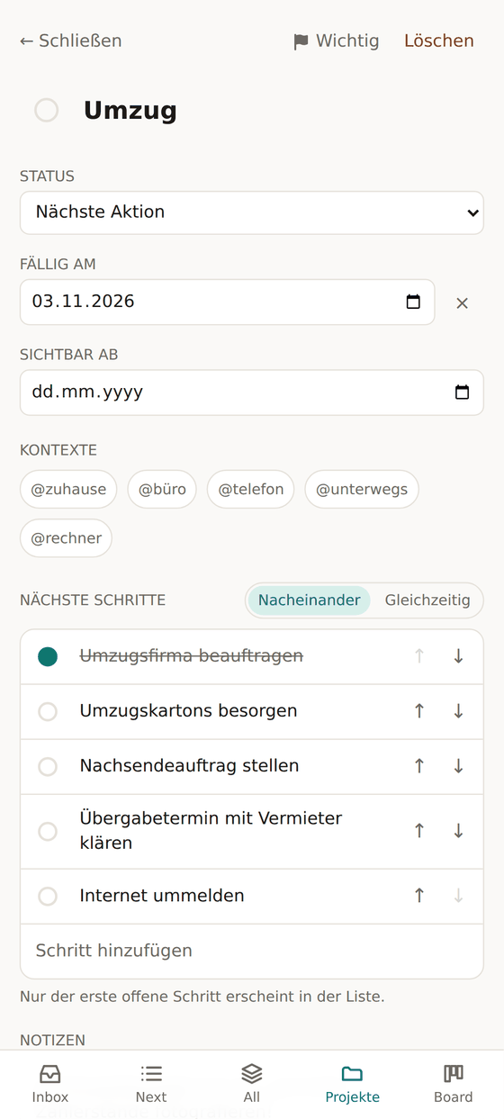 Detailansicht des Projekts „Umzug“ mit Status, Fälligkeit und fünf Schritten