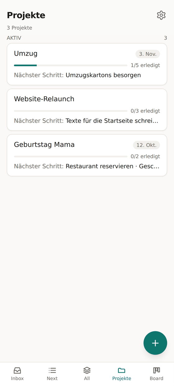 Projektübersicht mit Fortschrittsbalken und dem jeweils nächsten Schritt